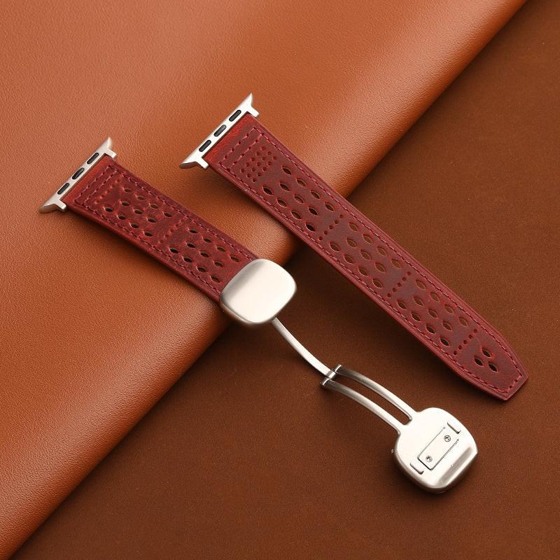iBandGear Leather Band for Apple Watch with Magnetic Clasp and Breathable Design - Wine Red-Starlight Buckle