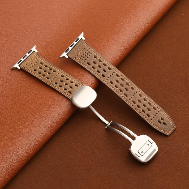 iBandGear Leather Band for Apple Watch with Magnetic Clasp and Breathable Design - Khaki-Starlight Buckle