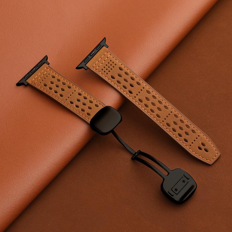 iBandGear Leather Band for Apple Watch with Magnetic Clasp and Breathable Design - Dark Brown-Black Buckle