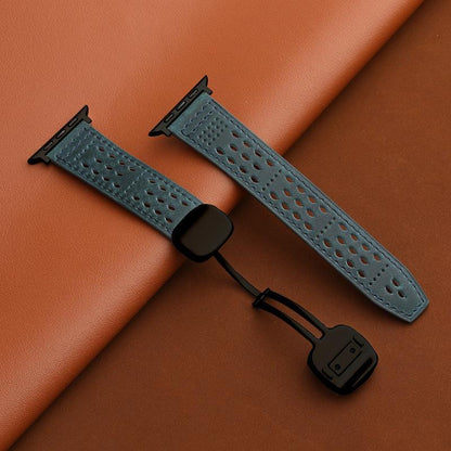 iBandGear Leather Band for Apple Watch with Magnetic Clasp and Breathable Design - Dark Blue-Black Buckle