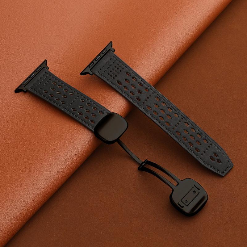 iBandGear Leather Band for Apple Watch with Magnetic Clasp and Breathable Design - Black-Black Buckle