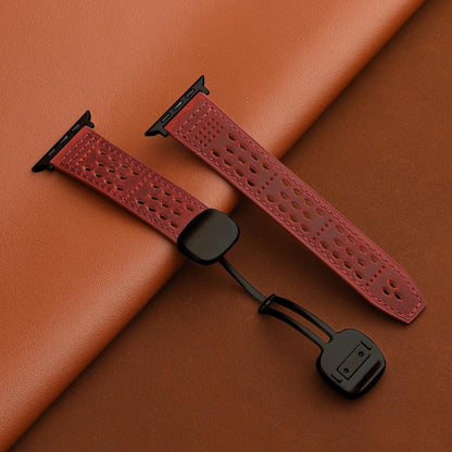 iBandGear Leather Band for Apple Watch with Magnetic Clasp and Breathable Design - Wine Red-Black Buckle