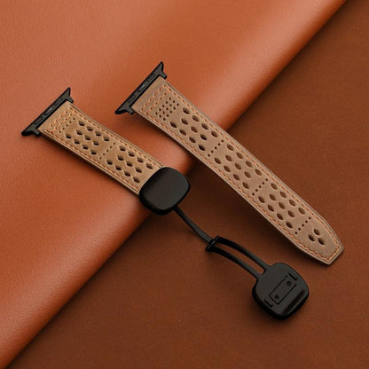 iBandGear Leather Band for Apple Watch with Magnetic Clasp and Breathable Design - Khaki-Black Buckle