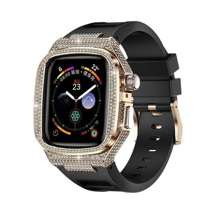 iBandGear Luxury Diamond Metal Case with Liquid Silicone Band for Apple Watch - Rose Gold Case + Black Band