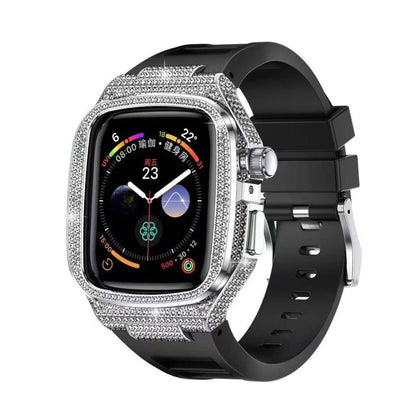 iBandGear Luxury Diamond Metal Case with Liquid Silicone Band for Apple Watch - Silver Case + Black Band