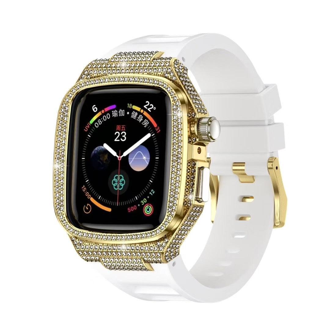 iBandGear Luxury Diamond Metal Case with Liquid Silicone Band for Apple Watch - Gold Case + White Band