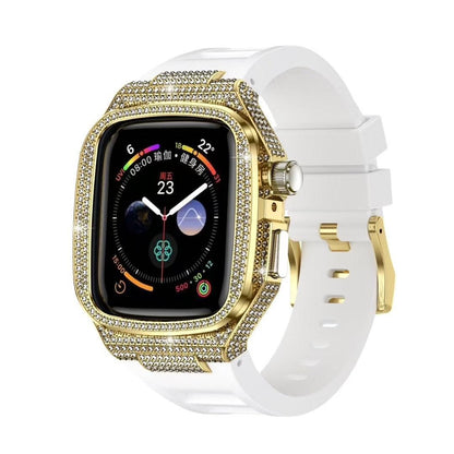 iBandGear Luxury Diamond Metal Case with Liquid Silicone Band for Apple Watch - Gold Case + White Band