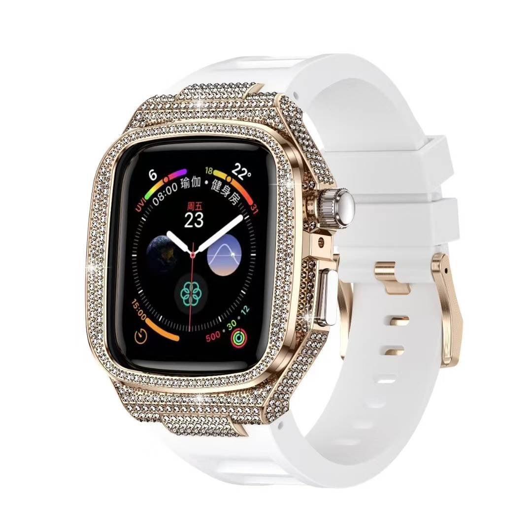 iBandGear Luxury Diamond Metal Case with Liquid Silicone Band for Apple Watch - Rose Gold Case + White Band
