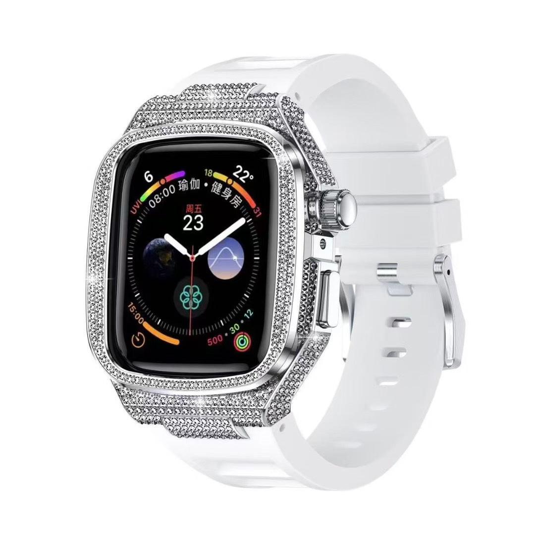 iBandGear Luxury Diamond Metal Case with Liquid Silicone Band for Apple Watch - Silver Case + White Band