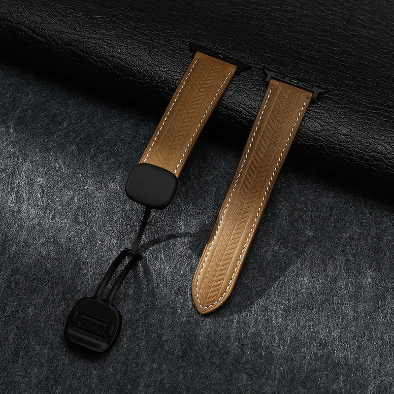 iBandGear Magnetic Wheat-Pattern Genuine Leather Band for Apple Watch - Khaki – Black