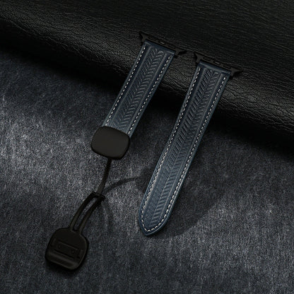 iBandGear Magnetic Wheat-Pattern Genuine Leather Band for Apple Watch - Midnight Blue – Black