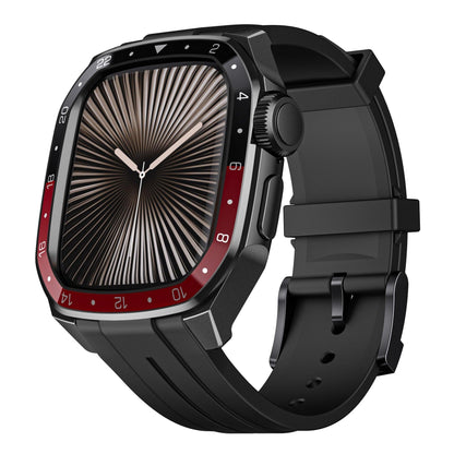 iBandGear Metal Bezel Case with Silicone Band for Apple Watch - Black Case - Black-Red Dial