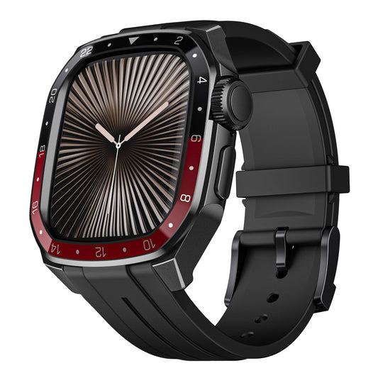 iBandGear Metal Bezel Case with Silicone Band for Apple Watch - Black Case - Black-Red Dial