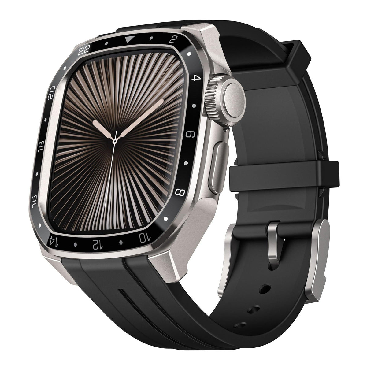 iBandGear Metal Bezel Case with Silicone Band for Apple Watch - Titanium Case - Black Dial