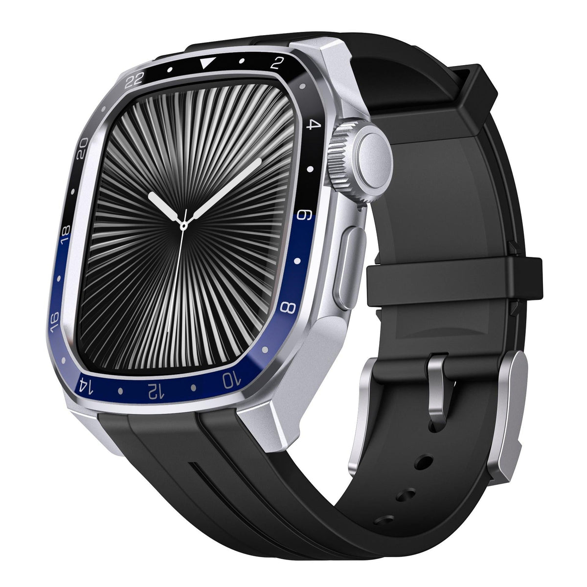 iBandGear Metal Bezel Case with Silicone Band for Apple Watch - Silver Case - Black-Blue Dial