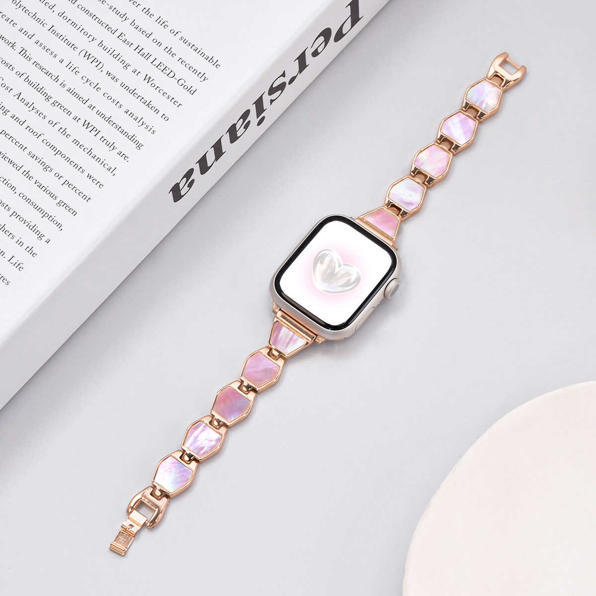 iBandGear Mother of Pearl Chain Band for Apple Watch - Rose Gold-Pink