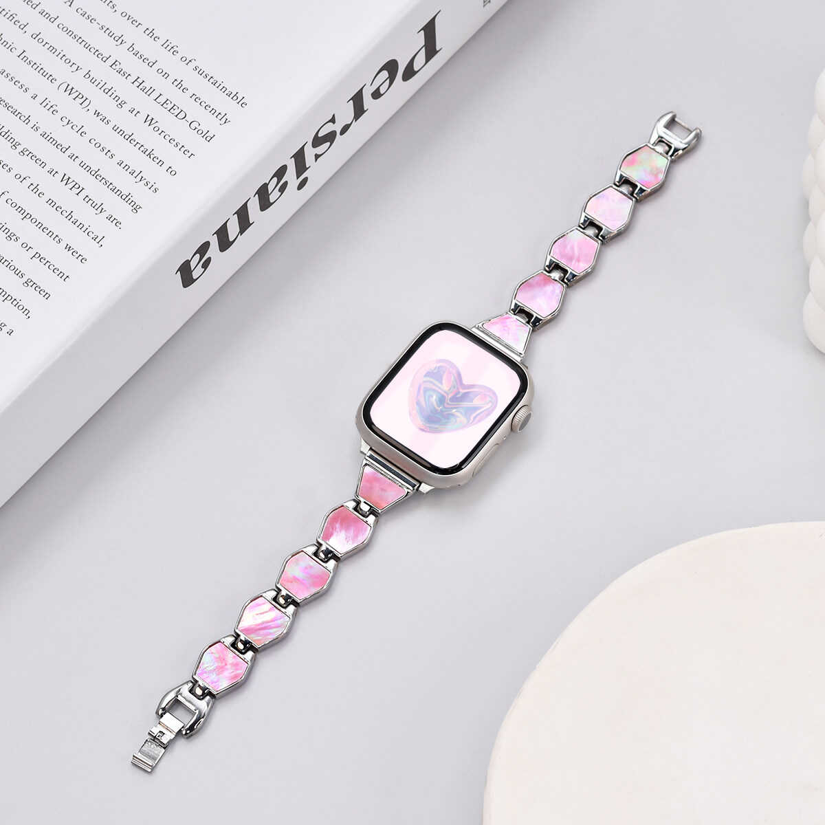 iBandGear Mother of Pearl Chain Band for Apple Watch - Silver-Pink