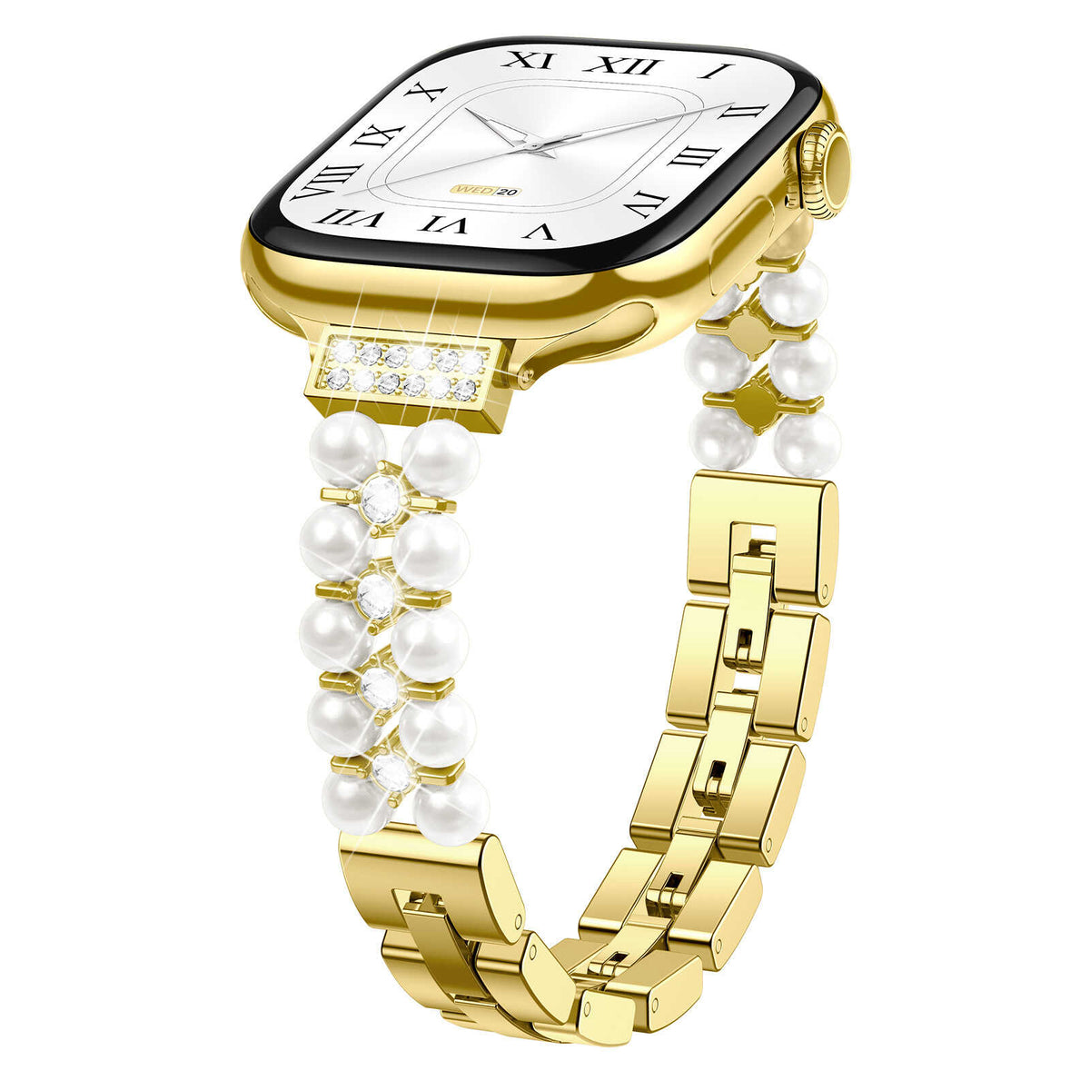 iBandGear Pearl Rhinestone Link Band for Apple Watch – Elegant Jewelry Bracelet - Gold