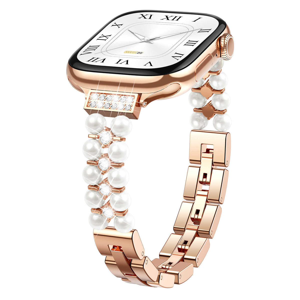 iBandGear Pearl Rhinestone Link Band for Apple Watch – Elegant Jewelry Bracelet - Rose Gold