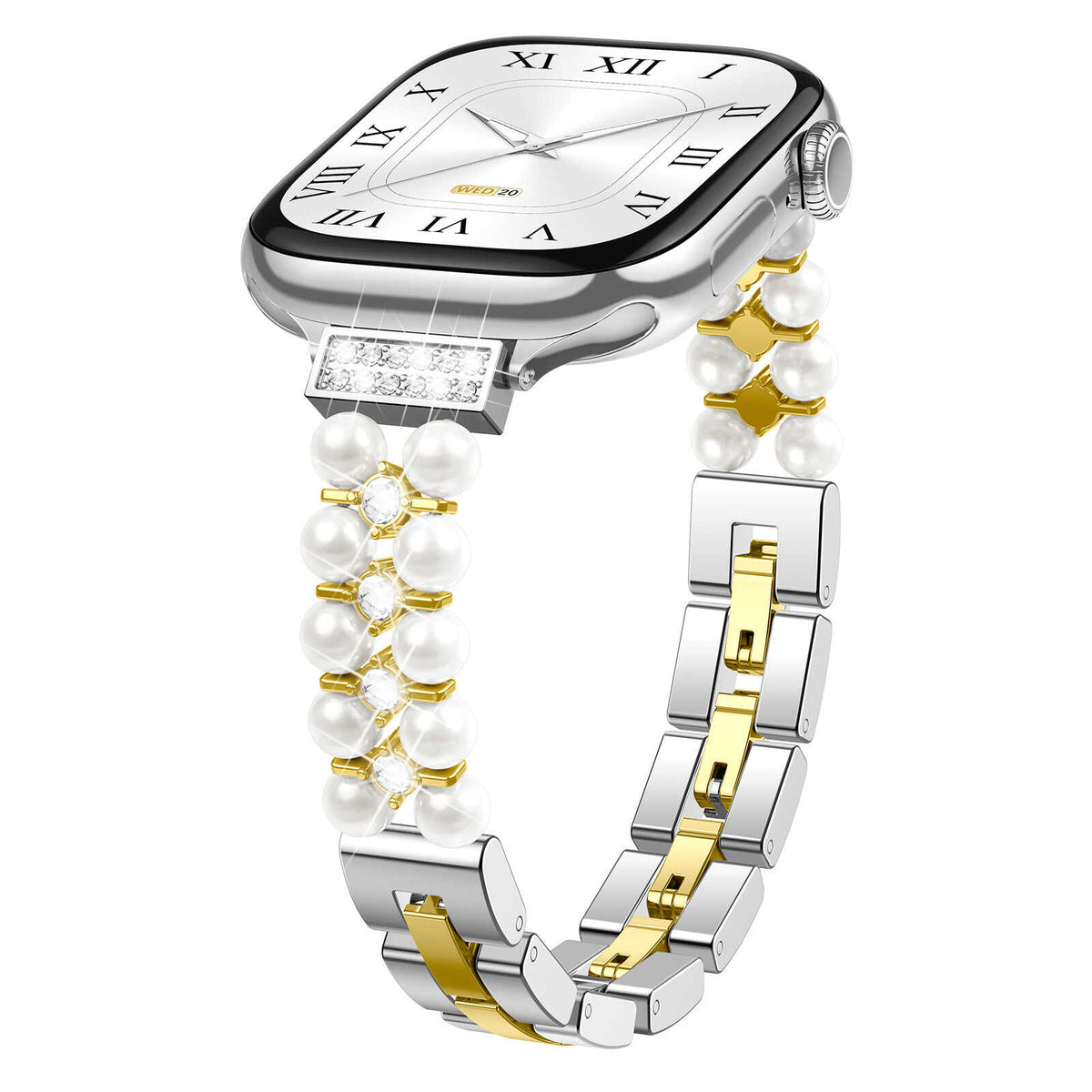 iBandGear Pearl Rhinestone Link Band for Apple Watch – Elegant Jewelry Bracelet - Silver-Gold