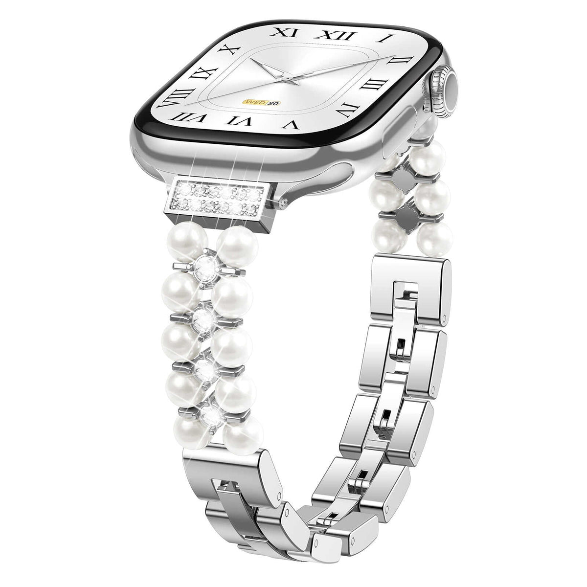 iBandGear Pearl Rhinestone Link Band for Apple Watch – Elegant Jewelry Bracelet - Silver