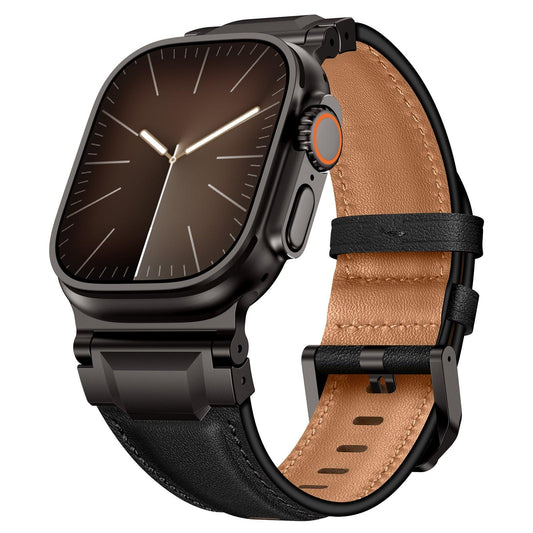 iBandGear Premium Armor Metal-Lug Leather Band for Apple Watch - Black Nappa – Black Buckle