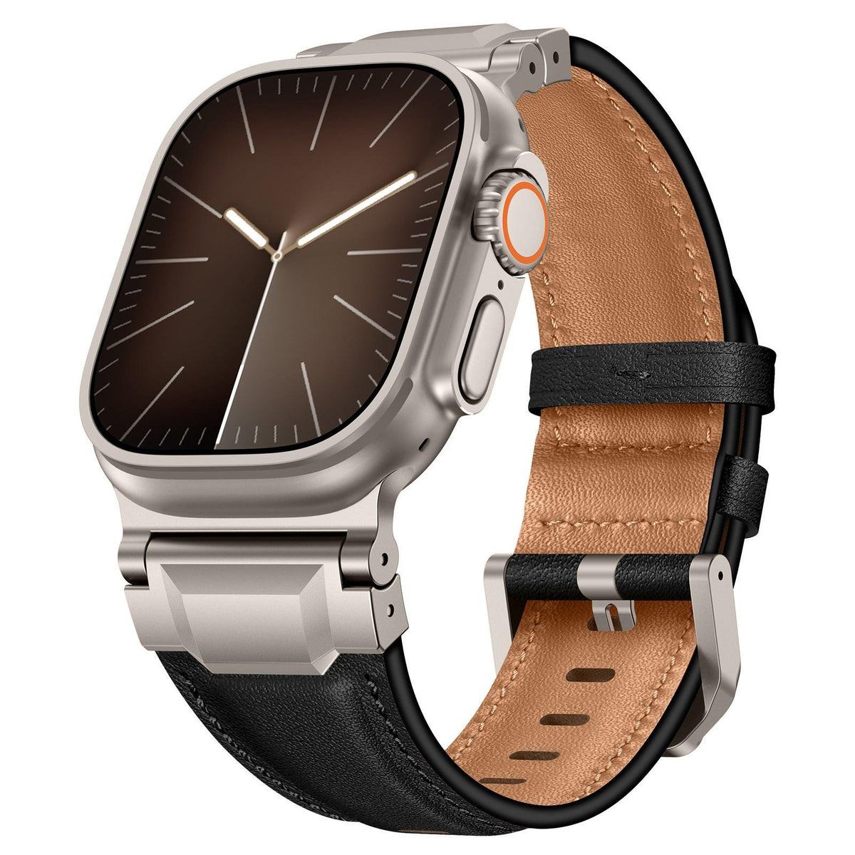 iBandGear Premium Armor Metal-Lug Leather Band for Apple Watch - Black Nappa – Titanium Buckle