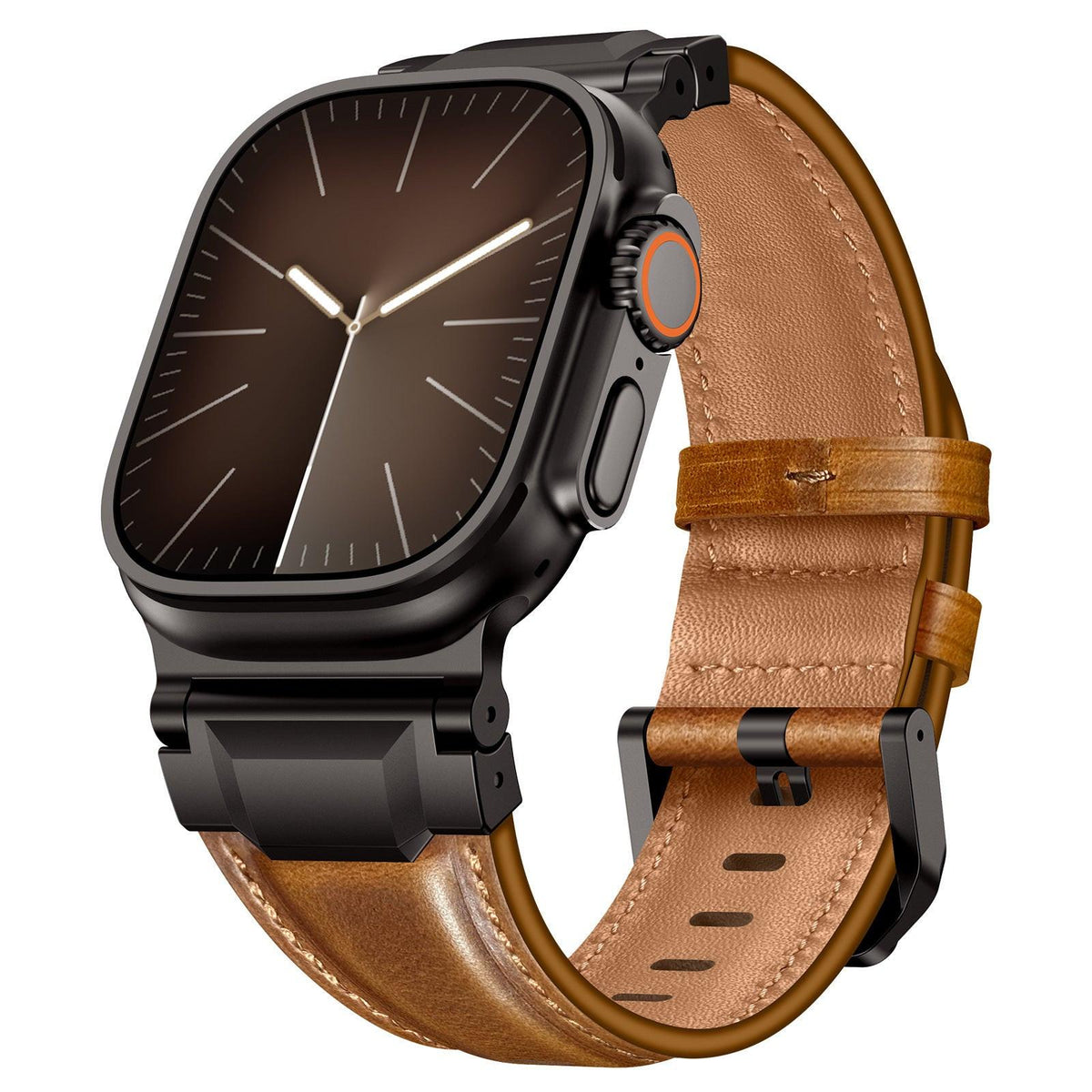 iBandGear Premium Armor Metal-Lug Leather Band for Apple Watch - Vintage Brown – Black Buckle