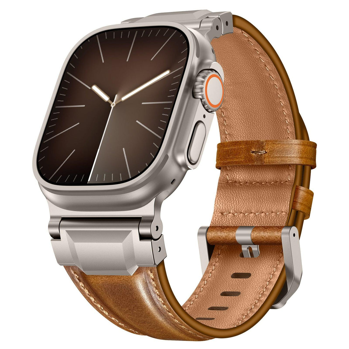 iBandGear Premium Armor Metal-Lug Leather Band for Apple Watch - Vintage Brown – Titanium Buckle