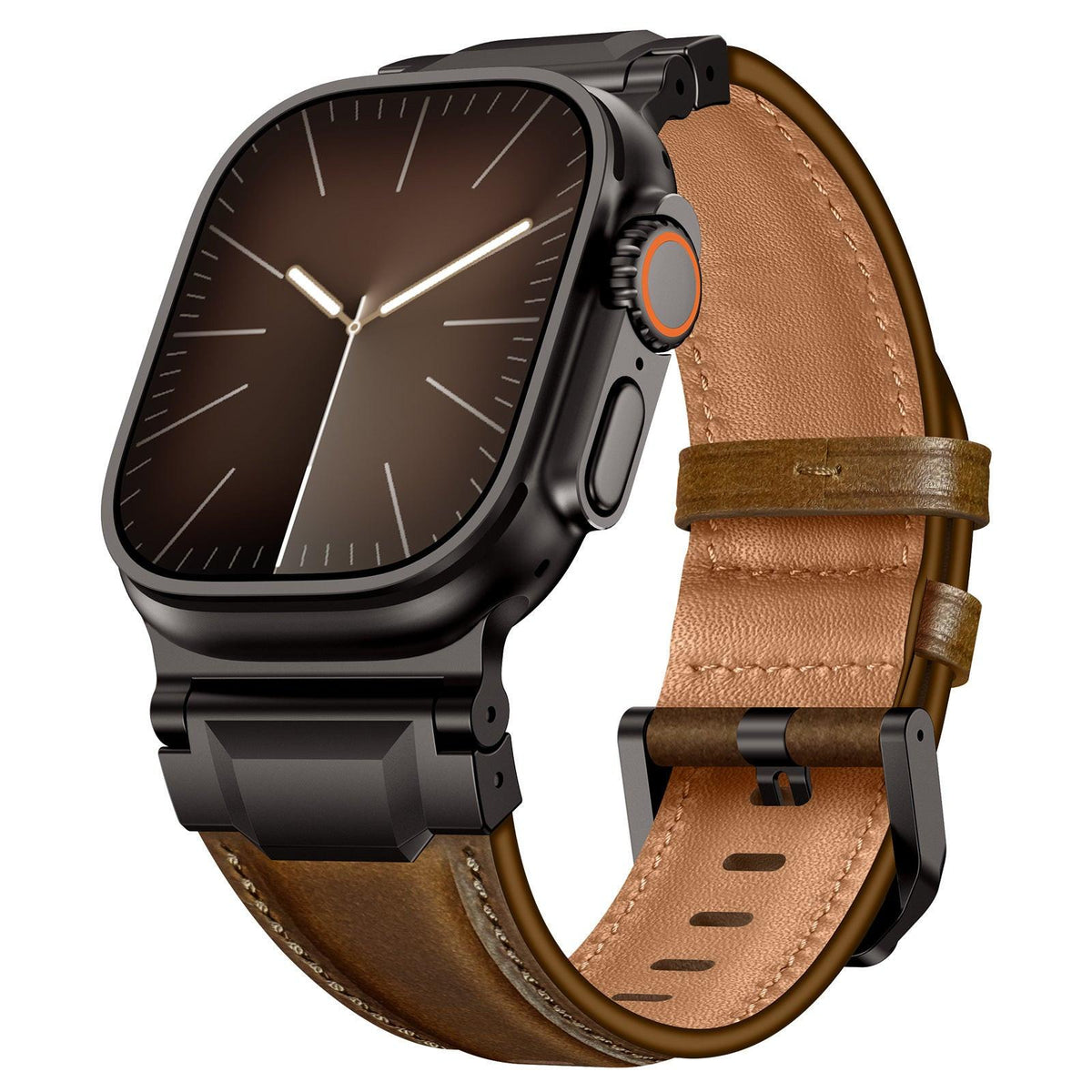 iBandGear Premium Armor Metal-Lug Leather Band for Apple Watch - New Dark Brown Crazy Horse – Black Buckle