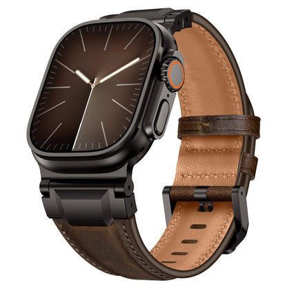iBandGear Premium Armor Metal-Lug Leather Band for Apple Watch - Black-Brown Crazy Horse – Black Buckle