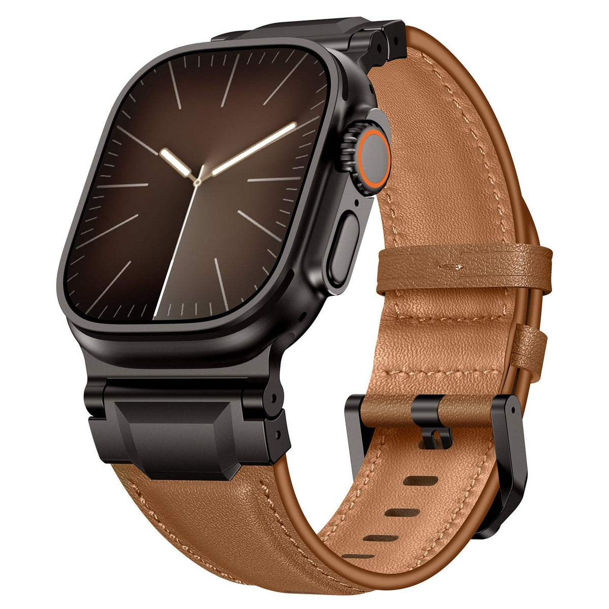 iBandGear Premium Armor Metal-Lug Leather Band for Apple Watch - Brown Nappa – Black Buckle