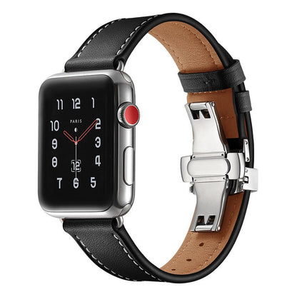 iBandGear Premium Leather Butterfly Clasp Band for Apple Watch - Black