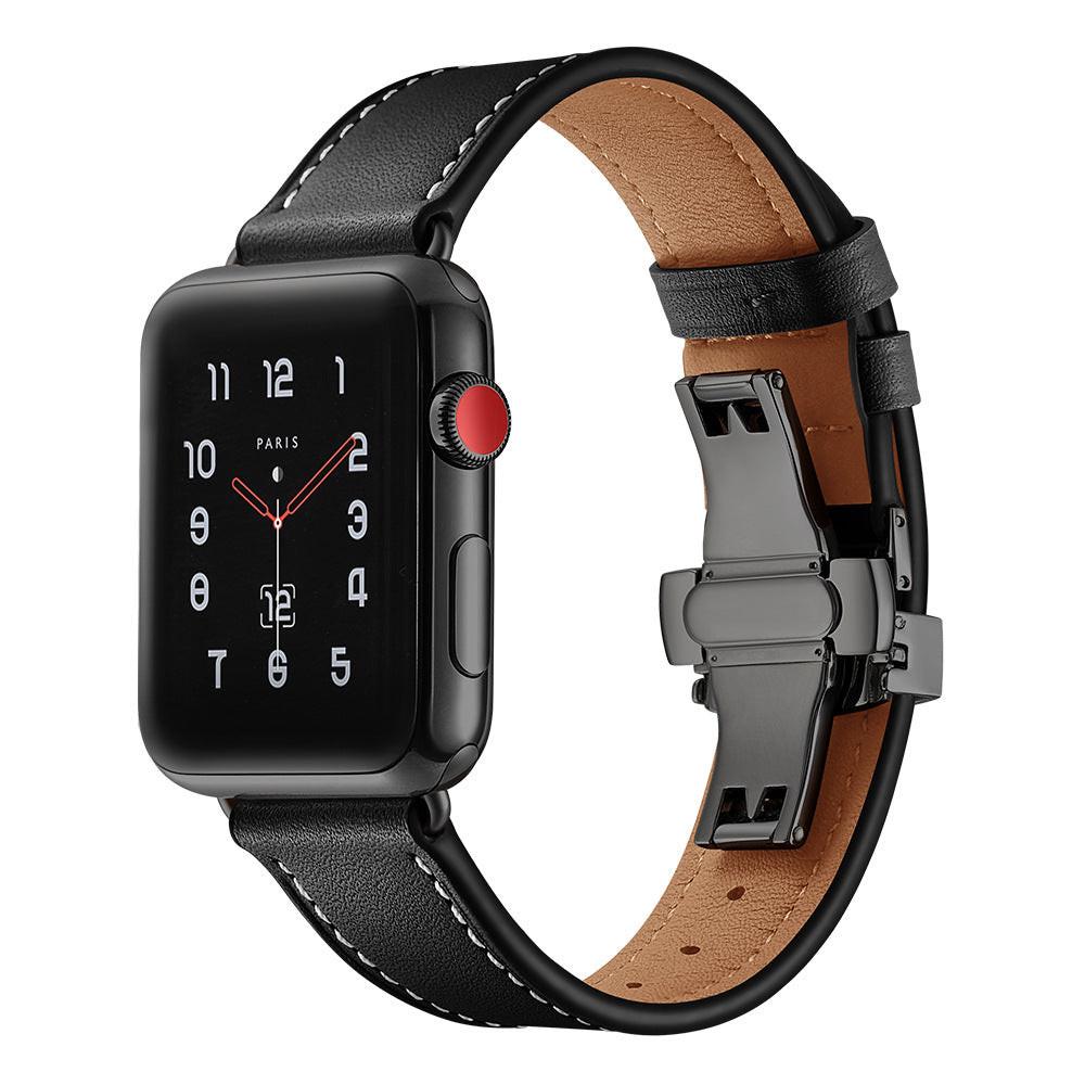 iBandGear Premium Leather Butterfly Clasp Band for Apple Watch - Black