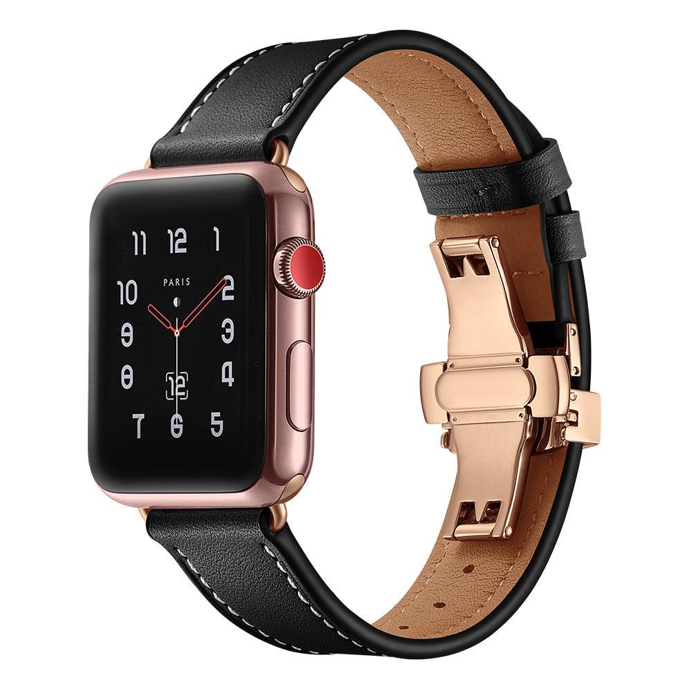 iBandGear Premium Leather Butterfly Clasp Band for Apple Watch - Black