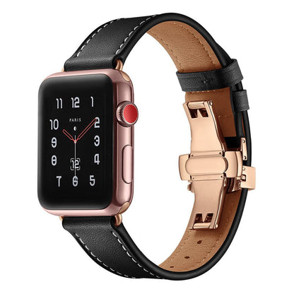 iBandGear Premium Leather Butterfly Clasp Band for Apple Watch - Black