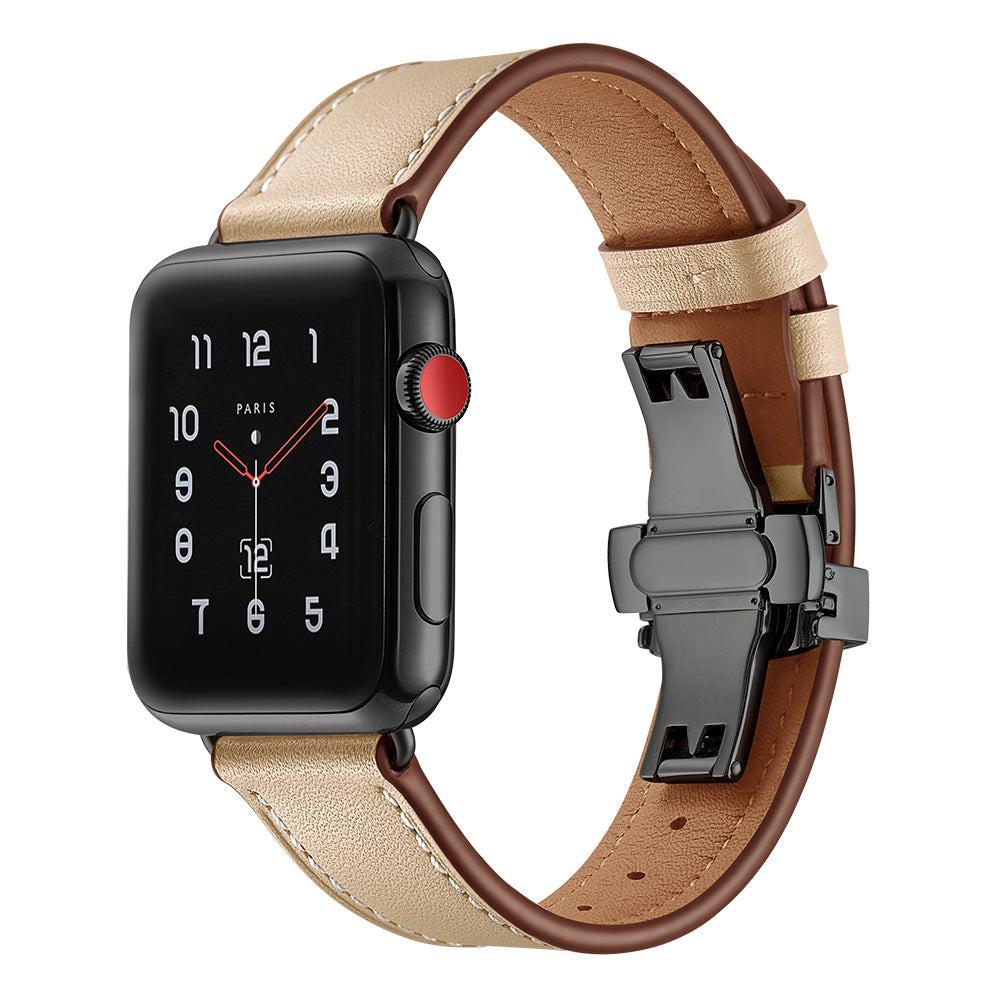 iBandGear Premium Leather Butterfly Clasp Band for Apple Watch - Beige