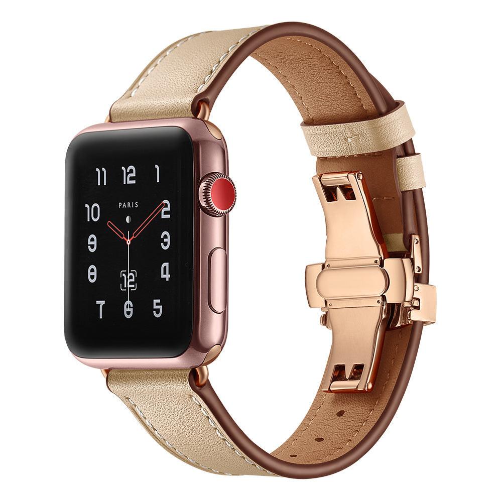 iBandGear Premium Leather Butterfly Clasp Band for Apple Watch - Beige