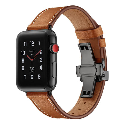 iBandGear Premium Leather Butterfly Clasp Band for Apple Watch - Brown