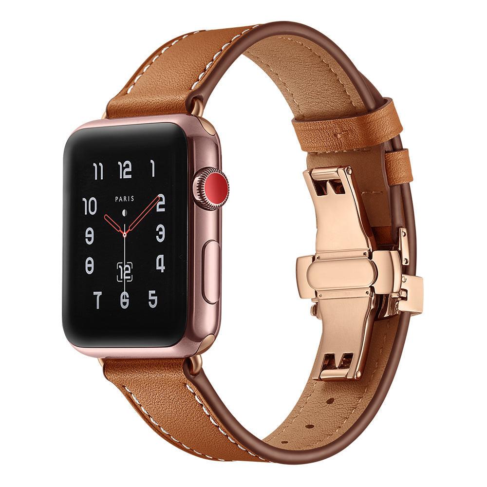 iBandGear Premium Leather Butterfly Clasp Band for Apple Watch - Brown