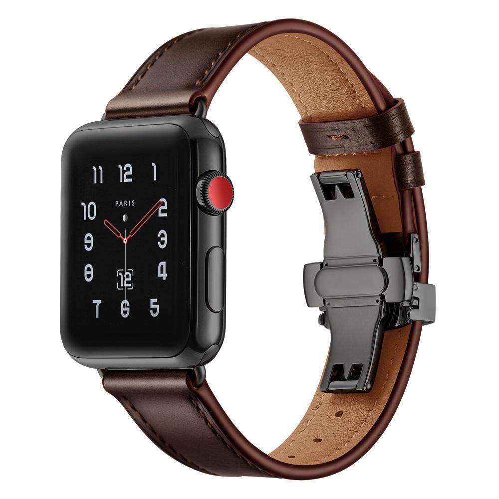 iBandGear Premium Leather Butterfly Clasp Band for Apple Watch - Dark Brown