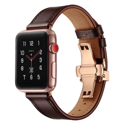 iBandGear Premium Leather Butterfly Clasp Band for Apple Watch - Dark Brown