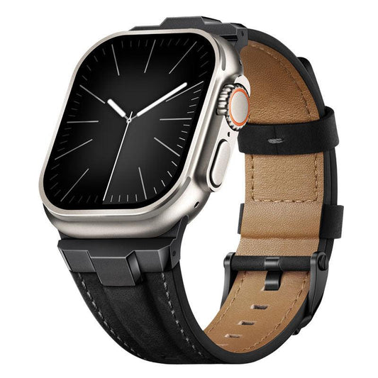 iBandGear Premium Leather Strap with Stainless Steel Buckle & Connector - Black/Black