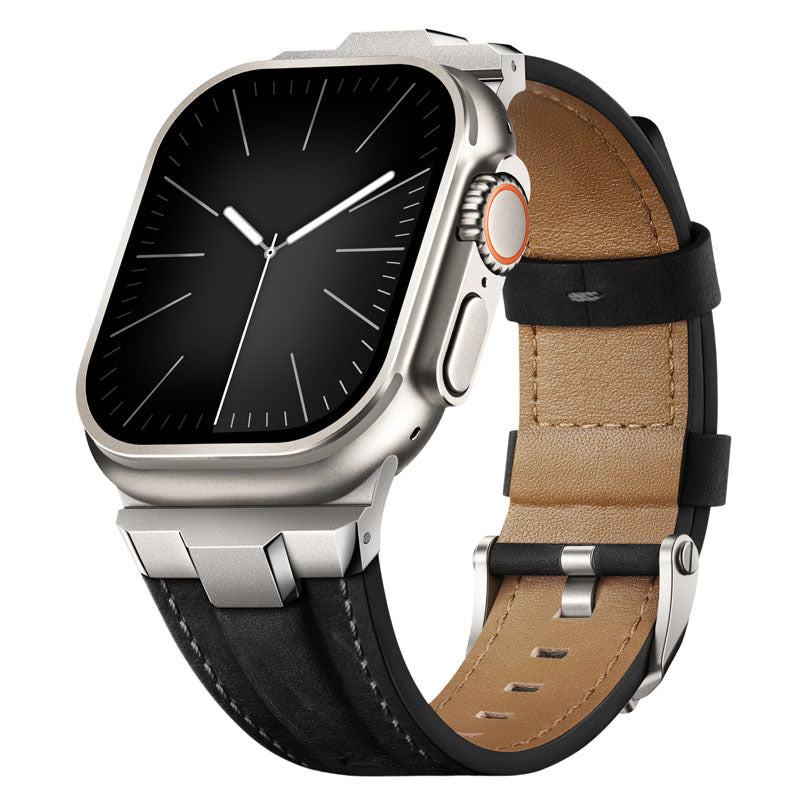iBandGear Premium Leather Strap with Stainless Steel Buckle & Connector - Titanium/Black