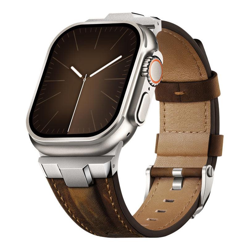iBandGear Premium Leather Strap with Stainless Steel Buckle & Connector - Titanium/Walnut