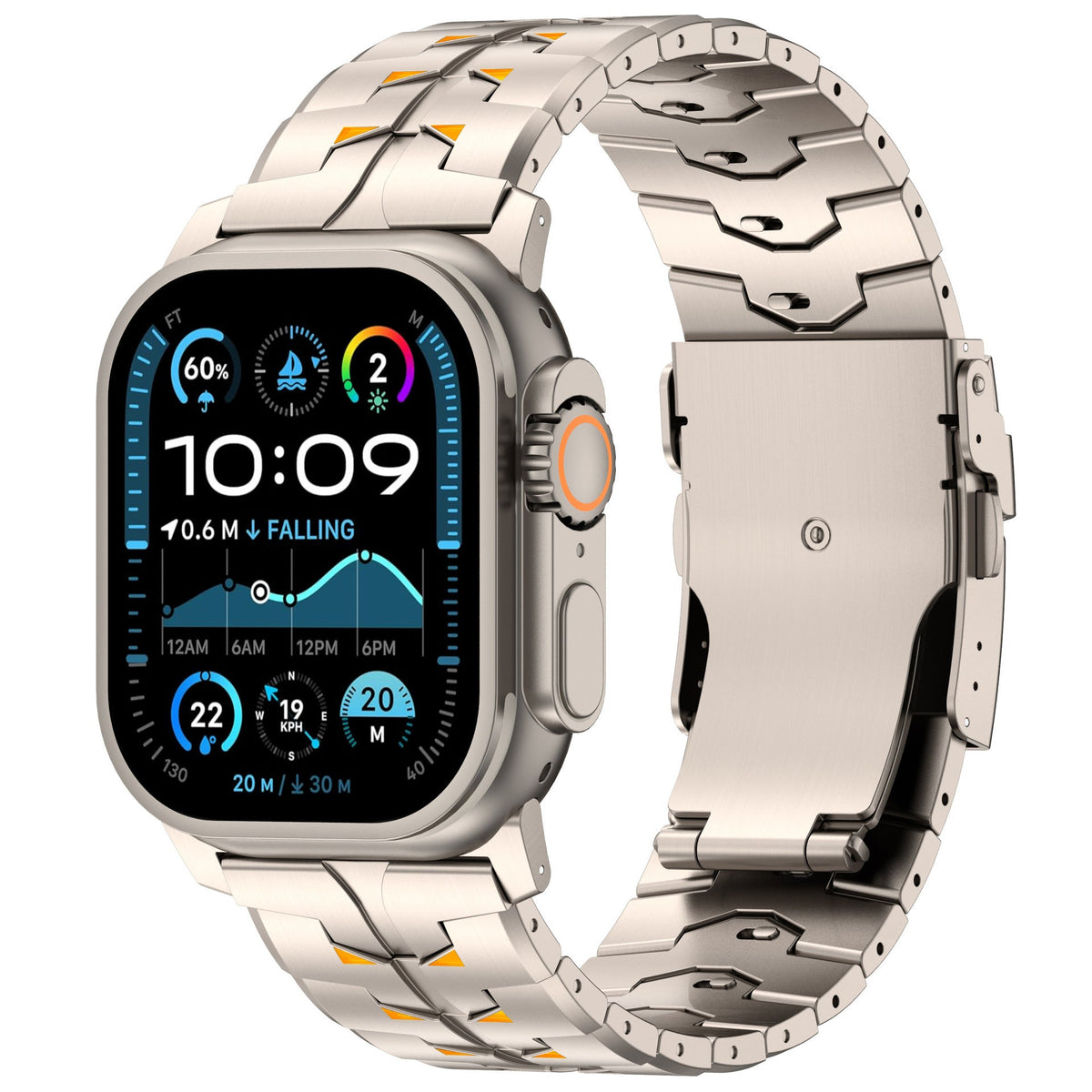 iBandGear Pure Titanium Safety Clasp Band for Apple Watch – 26mm Wide - Titanium - Orange