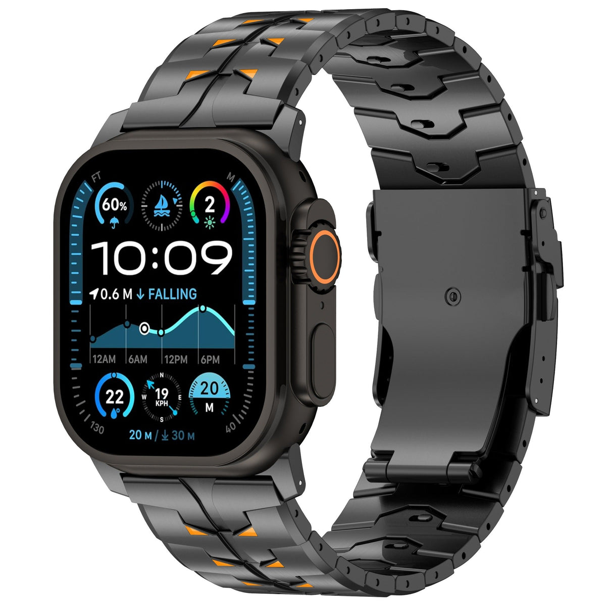 iBandGear Pure Titanium Safety Clasp Band for Apple Watch – 26mm Wide - Black - Orange