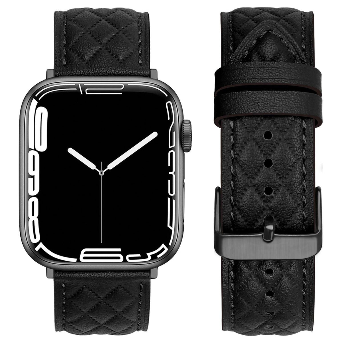 iBandGear Quilted Leather Band for Apple Watch Elegant Stitching - Black