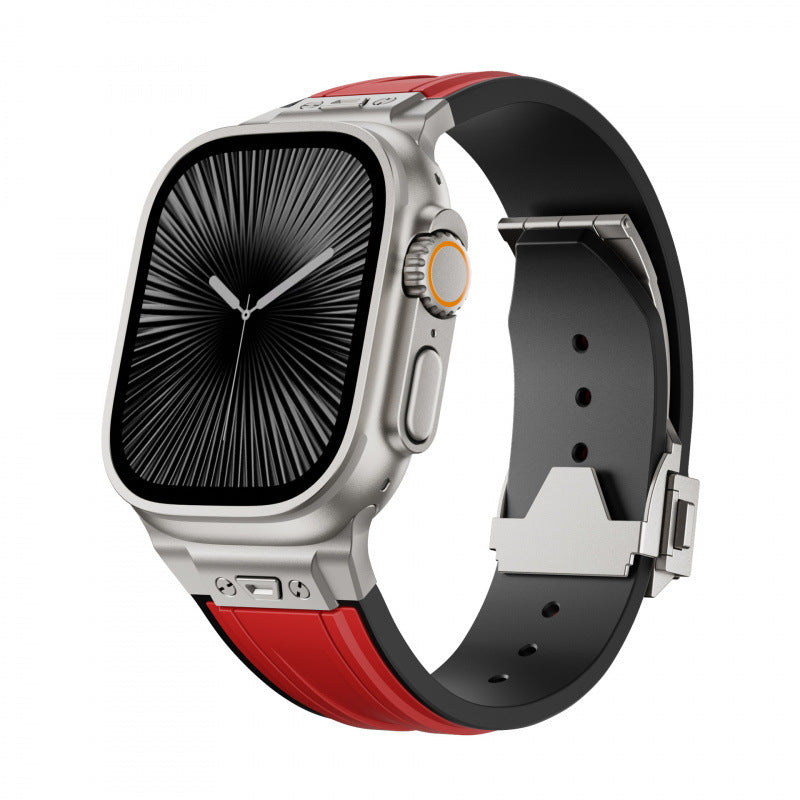 iBandGear Rugged Elastic Silicone Band for Apple Watch Adventure Sport Style - Titanium-Red