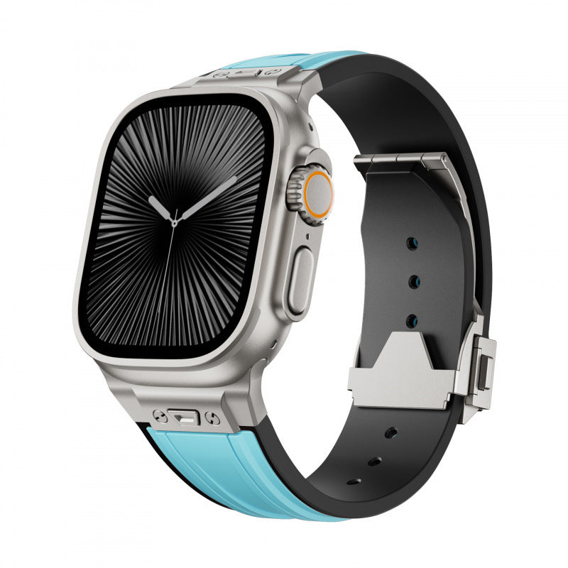 iBandGear Rugged Elastic Silicone Band for Apple Watch Adventure Sport Style - Titanium-Blue